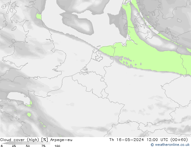 Cloud cover (high) Arpege-eu Th 16.05.2024 12 UTC
