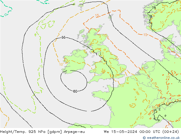Géop./Temp. 925 hPa Arpege-eu mer 15.05.2024 00 UTC