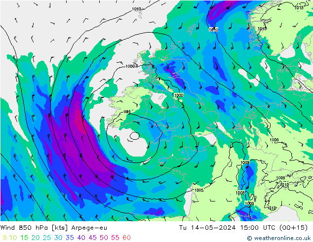 Wind 850 hPa Arpege-eu Út 14.05.2024 15 UTC