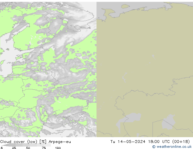Cloud cover (low) Arpege-eu Tu 14.05.2024 18 UTC