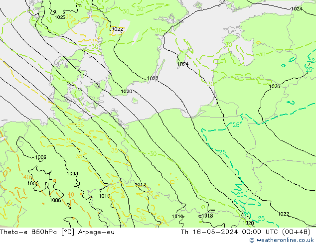 Theta-e 850hPa Arpege-eu do 16.05.2024 00 UTC