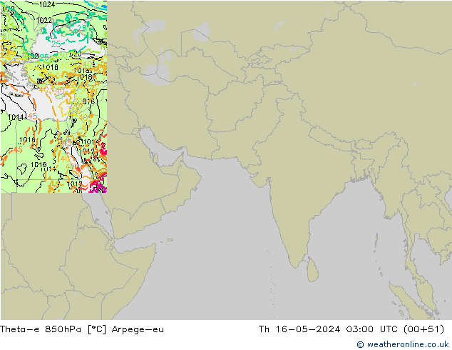 Theta-e 850hPa Arpege-eu Čt 16.05.2024 03 UTC