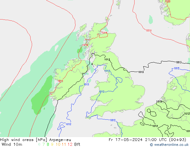 High wind areas Arpege-eu пт 17.05.2024 21 UTC