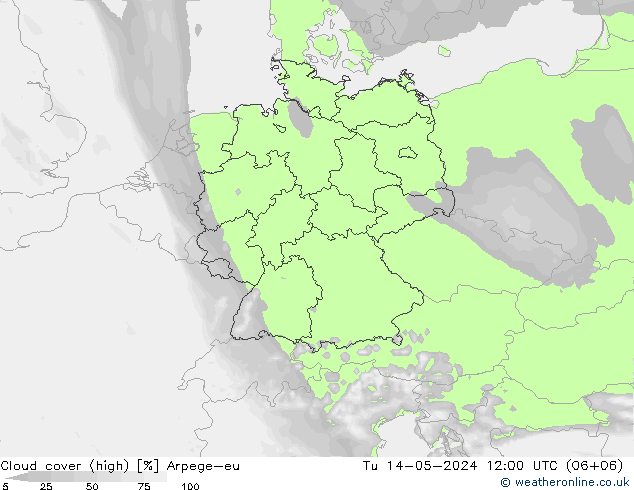 Cloud cover (high) Arpege-eu Tu 14.05.2024 12 UTC