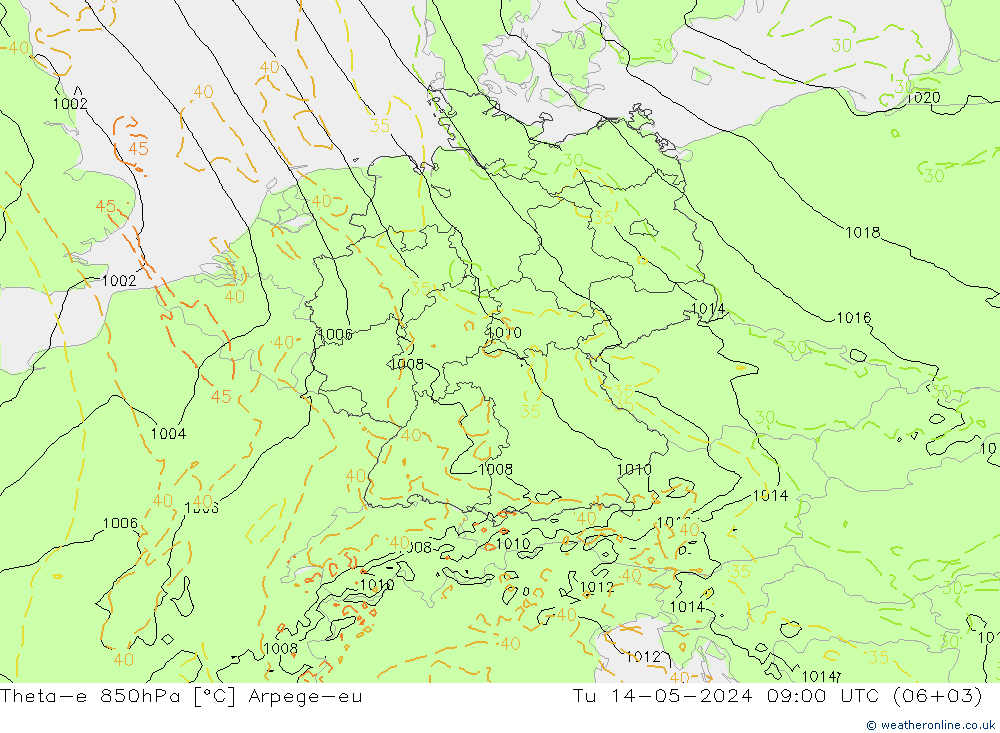 Theta-e 850hPa Arpege-eu mar 14.05.2024 09 UTC