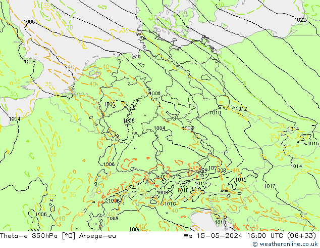 Theta-e 850hPa Arpege-eu Çar 15.05.2024 15 UTC