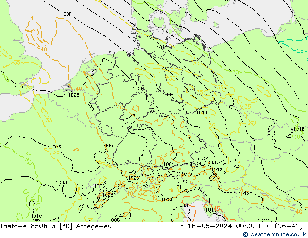 Theta-e 850hPa Arpege-eu do 16.05.2024 00 UTC