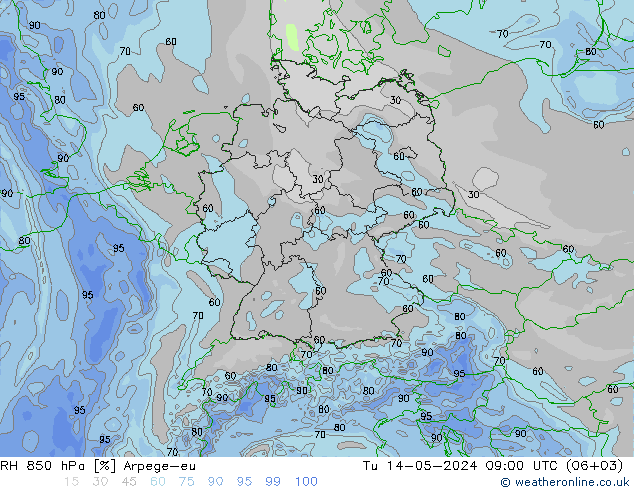 Humedad rel. 850hPa Arpege-eu mar 14.05.2024 09 UTC