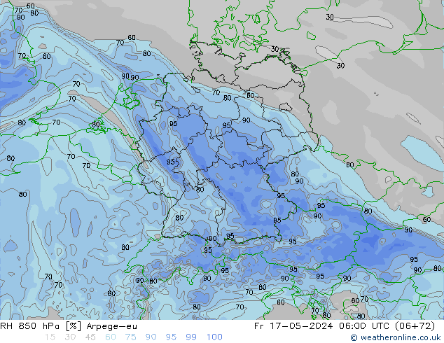 Humidité rel. 850 hPa Arpege-eu ven 17.05.2024 06 UTC