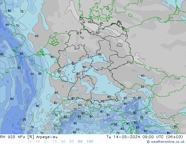 RH 925 hPa Arpege-eu 星期二 14.05.2024 09 UTC
