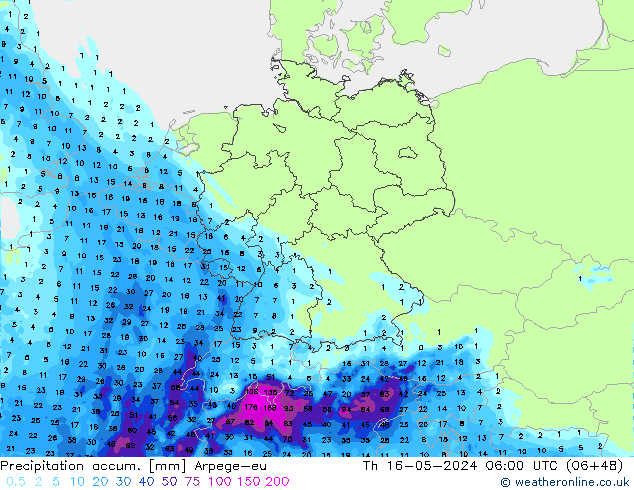 Precipitation accum. Arpege-eu czw. 16.05.2024 06 UTC