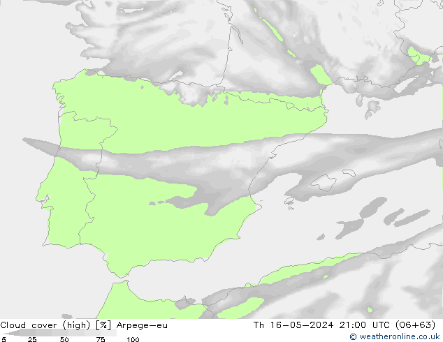 Cloud cover (high) Arpege-eu Th 16.05.2024 21 UTC