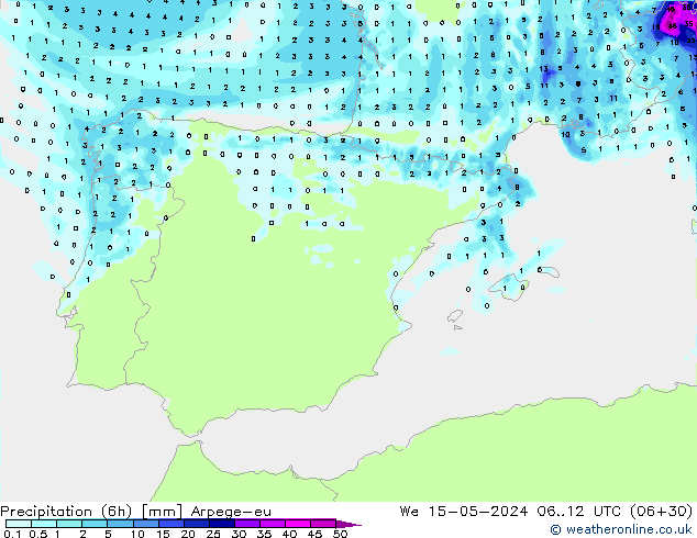Totale neerslag (6h) Arpege-eu wo 15.05.2024 12 UTC