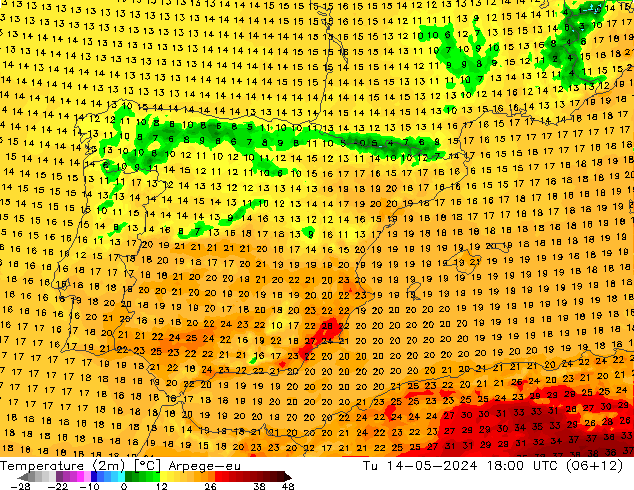 Temperature (2m) Arpege-eu Tu 14.05.2024 18 UTC