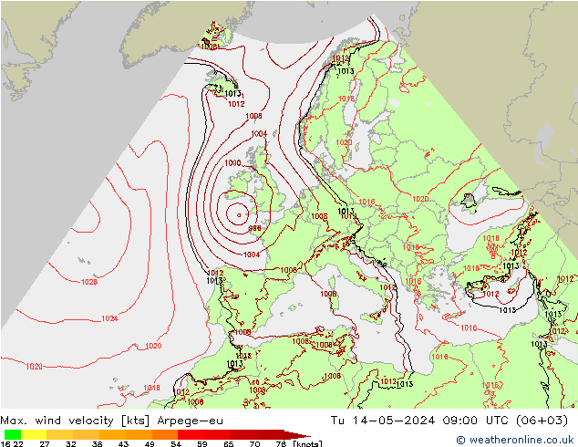 Max. wind velocity Arpege-eu вт 14.05.2024 09 UTC