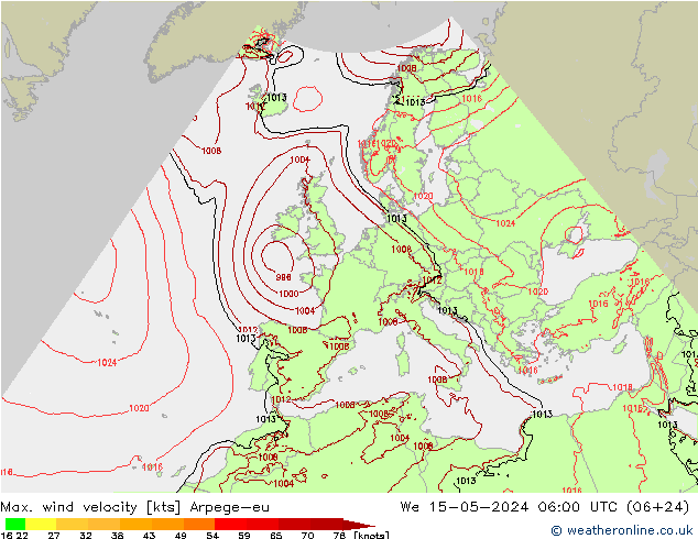 Max. wind velocity Arpege-eu St 15.05.2024 06 UTC