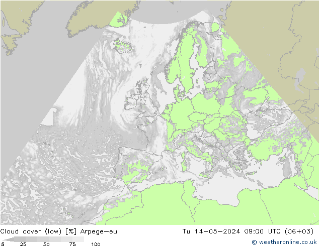 Cloud cover (low) Arpege-eu Tu 14.05.2024 09 UTC
