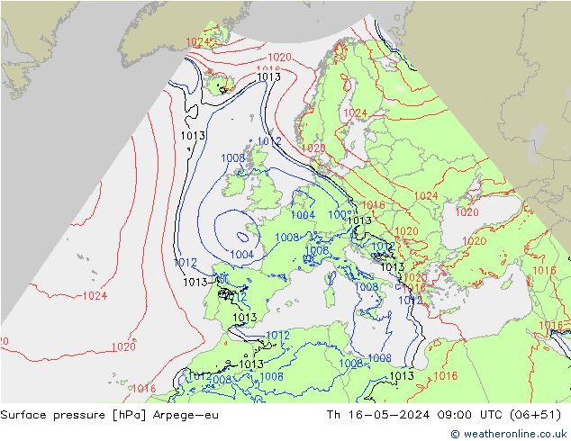 приземное давление Arpege-eu чт 16.05.2024 09 UTC