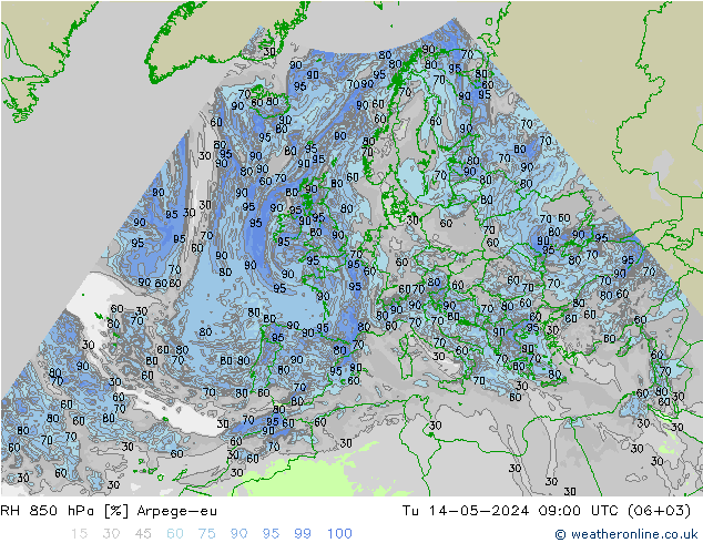Humidité rel. 850 hPa Arpege-eu mar 14.05.2024 09 UTC