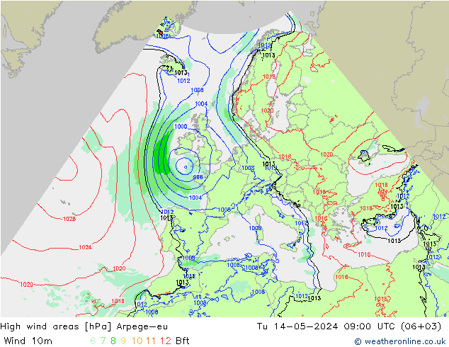 High wind areas Arpege-eu вт 14.05.2024 09 UTC