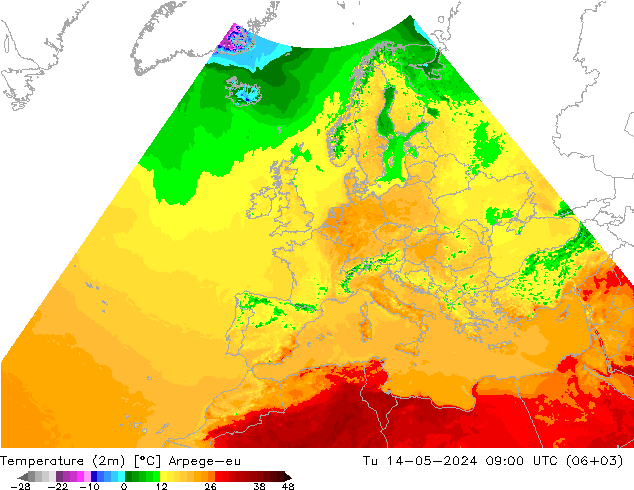 température (2m) Arpege-eu mar 14.05.2024 09 UTC