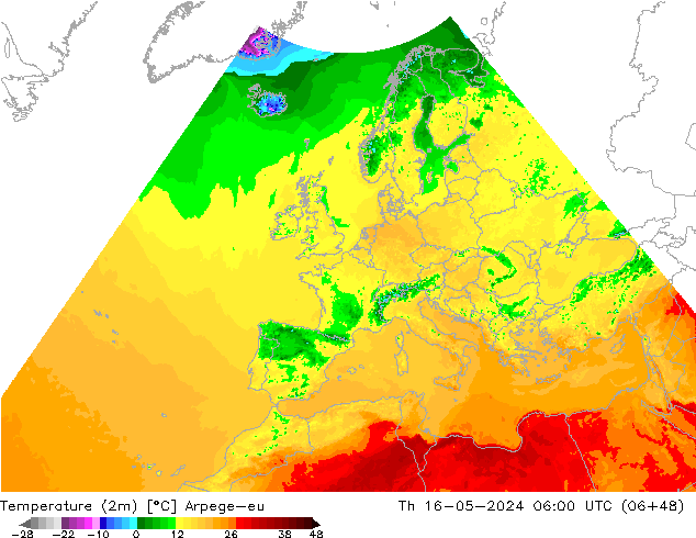 Temperature (2m) Arpege-eu Čt 16.05.2024 06 UTC