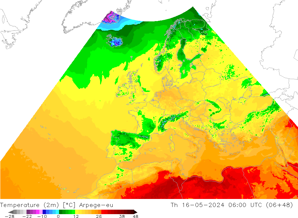 Temperatura (2m) Arpege-eu jue 16.05.2024 06 UTC