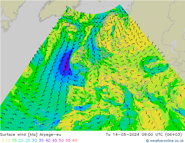Surface wind Arpege-eu Tu 14.05.2024 09 UTC