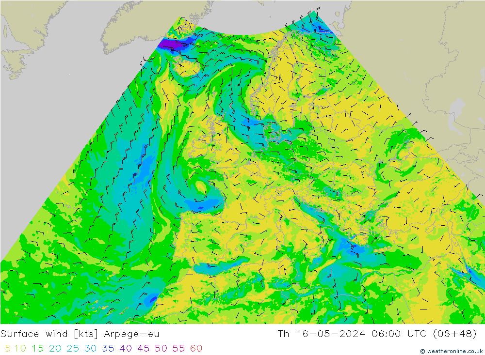 Surface wind Arpege-eu Th 16.05.2024 06 UTC