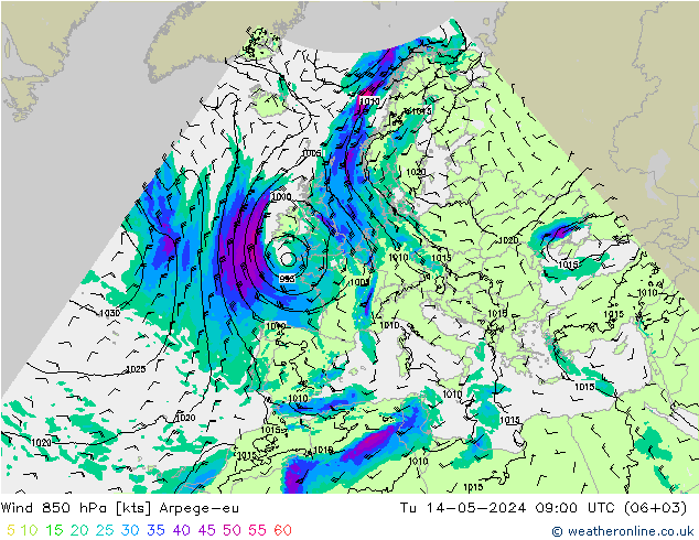 Wind 850 hPa Arpege-eu Tu 14.05.2024 09 UTC