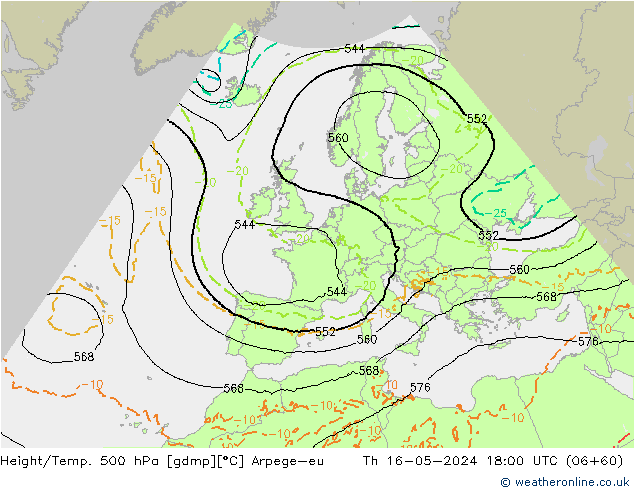 Height/Temp. 500 hPa Arpege-eu Th 16.05.2024 18 UTC