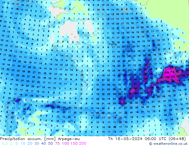 Totale neerslag Arpege-eu do 16.05.2024 06 UTC