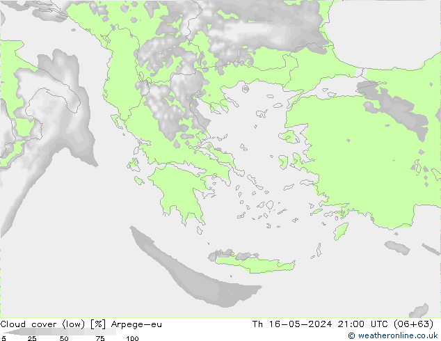 Cloud cover (low) Arpege-eu Th 16.05.2024 21 UTC