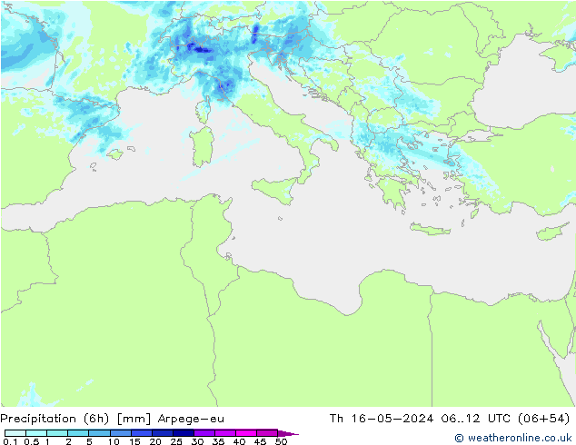 Precipitation (6h) Arpege-eu Th 16.05.2024 12 UTC