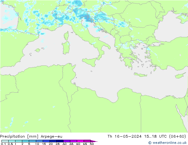 Srážky Arpege-eu Čt 16.05.2024 18 UTC
