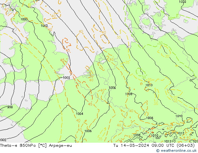 Theta-e 850hPa Arpege-eu 星期二 14.05.2024 09 UTC