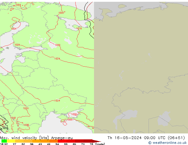 Max. wind snelheid Arpege-eu do 16.05.2024 09 UTC