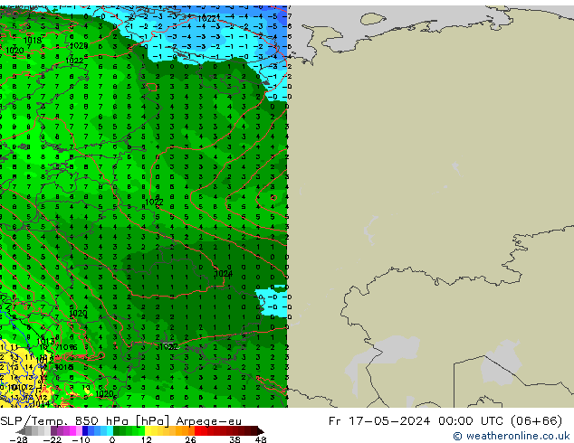 SLP/Temp. 850 гПа Arpege-eu пт 17.05.2024 00 UTC