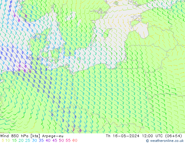 Wind 850 hPa Arpege-eu do 16.05.2024 12 UTC