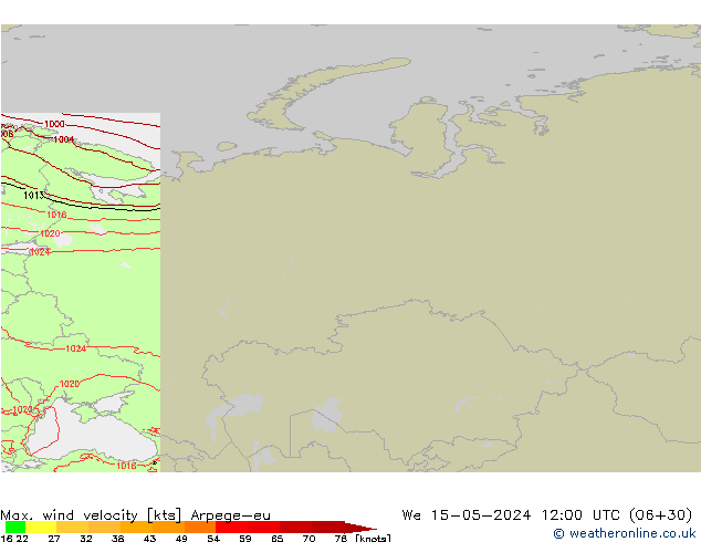 Max. wind velocity Arpege-eu We 15.05.2024 12 UTC