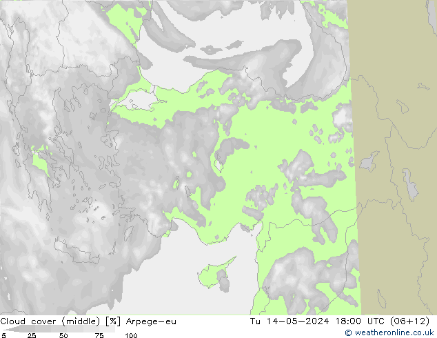 Cloud cover (middle) Arpege-eu Tu 14.05.2024 18 UTC