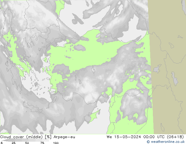 Cloud cover (middle) Arpege-eu We 15.05.2024 00 UTC