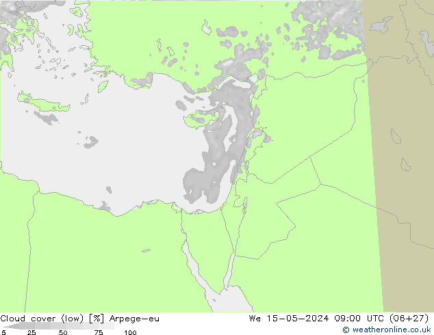 Cloud cover (low) Arpege-eu We 15.05.2024 09 UTC