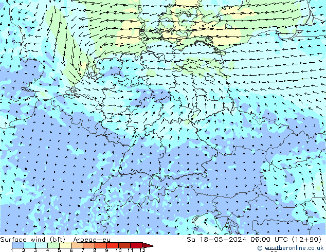 Surface wind (bft) Arpege-eu Sa 18.05.2024 06 UTC