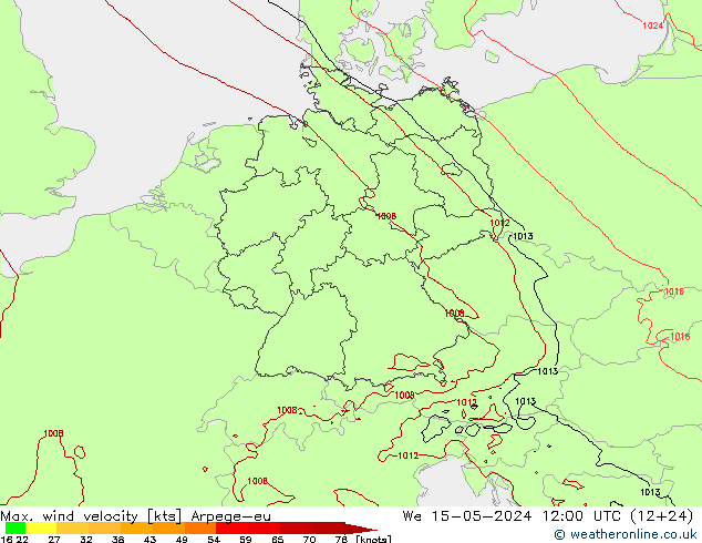 Max. wind snelheid Arpege-eu wo 15.05.2024 12 UTC