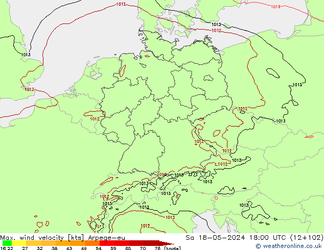 Max. wind velocity Arpege-eu  18.05.2024 18 UTC