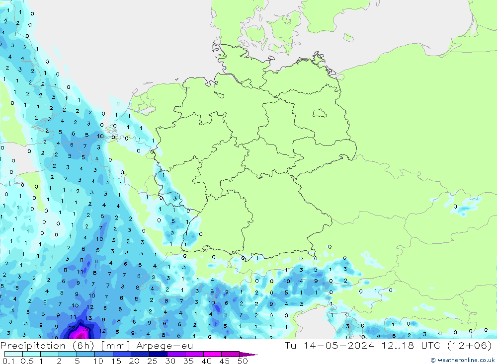 Precipitación (6h) Arpege-eu mar 14.05.2024 18 UTC