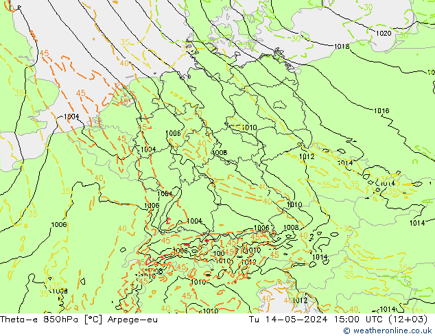 Theta-e 850hPa Arpege-eu mar 14.05.2024 15 UTC