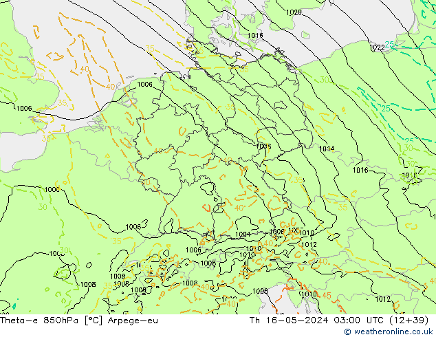 Theta-e 850hPa Arpege-eu do 16.05.2024 03 UTC