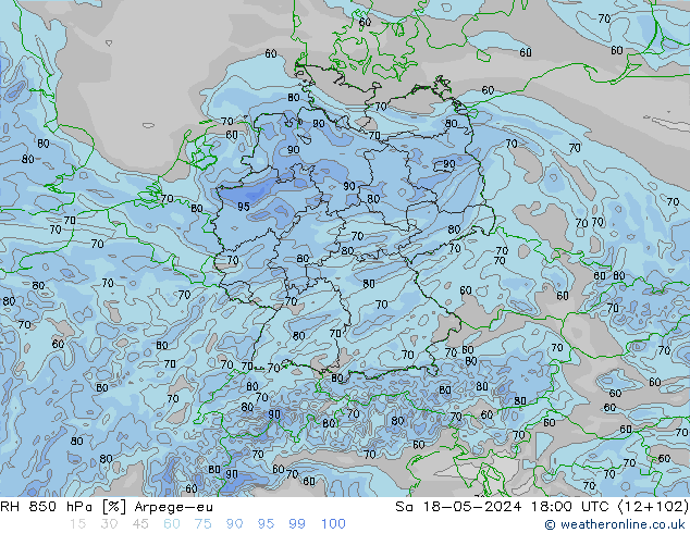 Humidité rel. 850 hPa Arpege-eu sam 18.05.2024 18 UTC